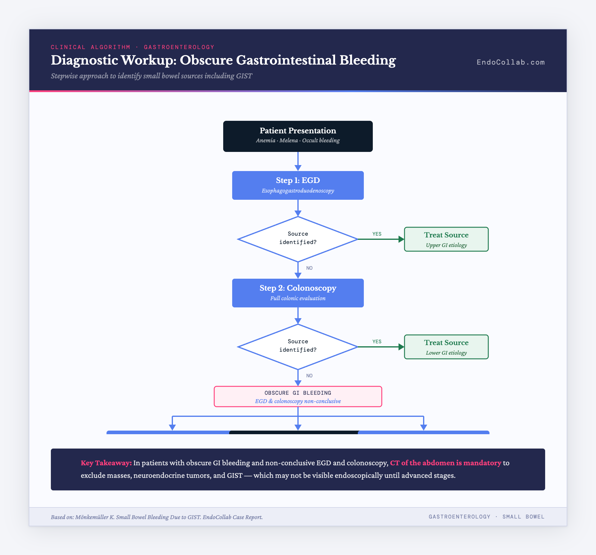 Small Bowel Bleeding Due To Gist 1 Clinical Algorithm Flowchart For Diagnostic Workup Of Obscure Gastrointestinal Bleeding, Showing Stepwise Approach From Egd To Colonoscopy To Ct Abdomen For Identifying Small Bowel Sources Including Gist