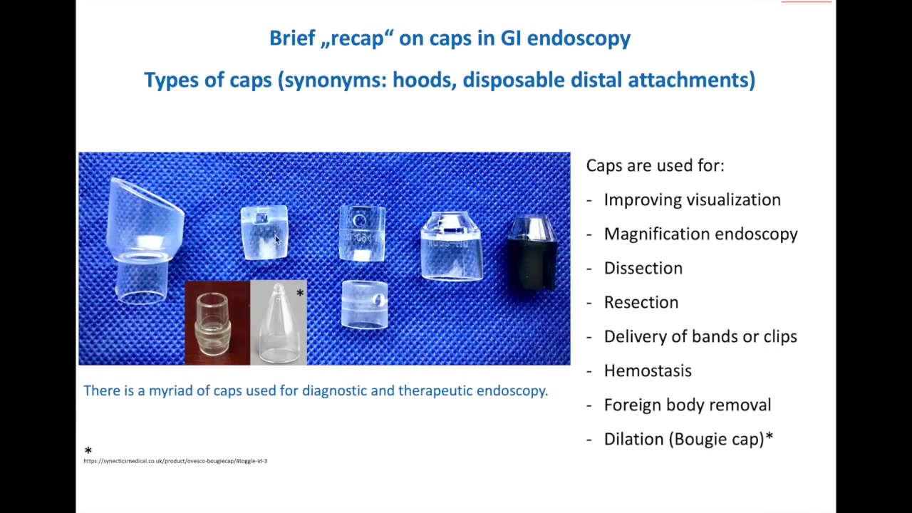 Cap-Assisted Hemostasis: Circular Cap, Load-And-Pull, Then Target 2 Lecture Slide Showing Multiple Distal Caps And A List Of Cap Uses Including Hemostasis And Clip Delivery